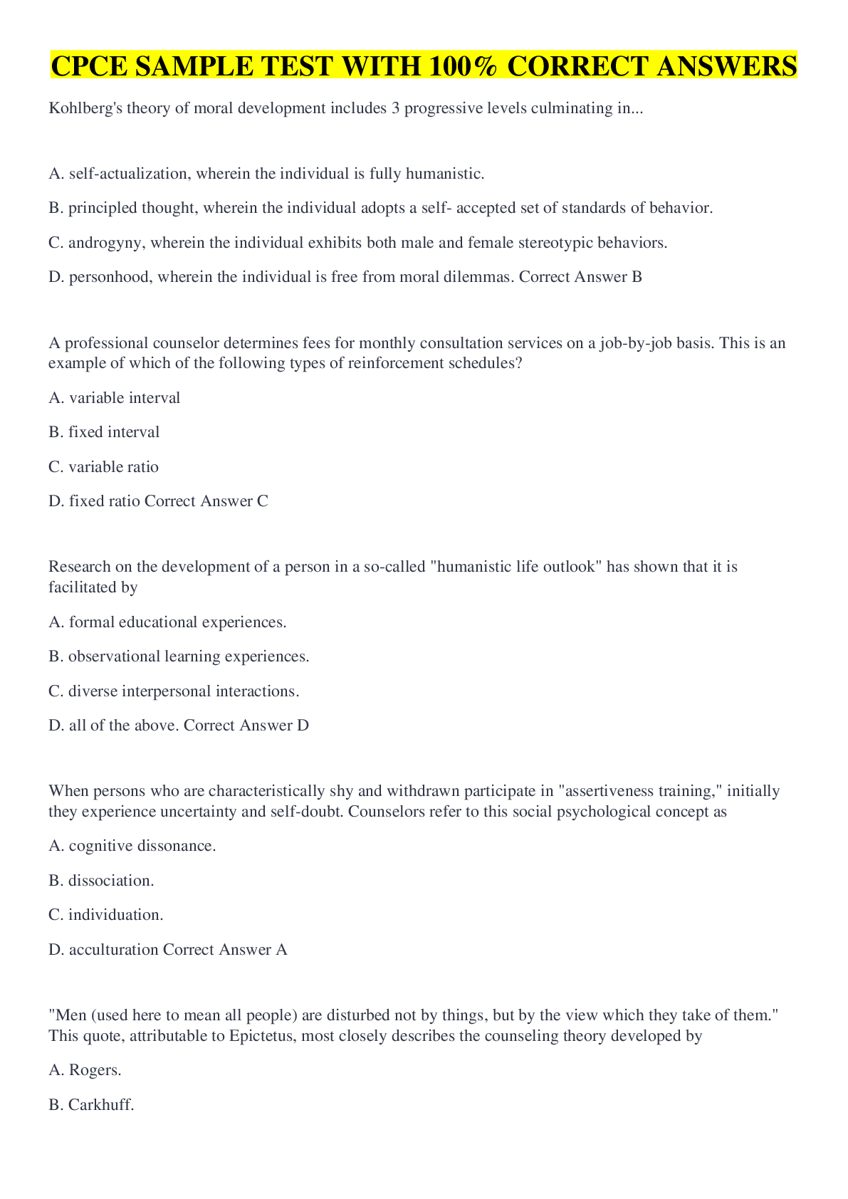 Preview image for CPCE SAMPLE TEST WITH 100% CORRECT ANSWERS
